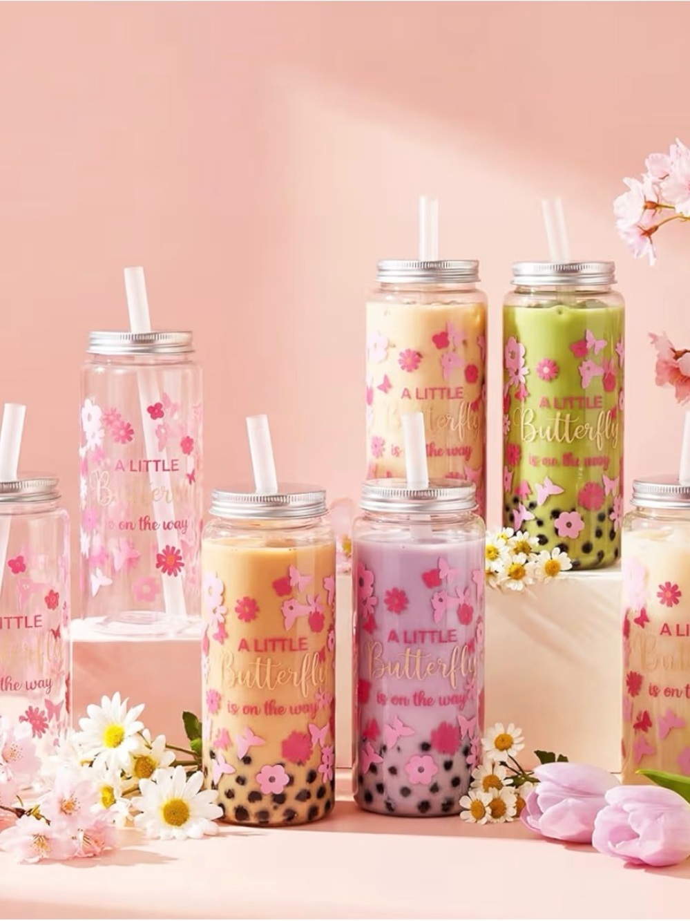 Girls baby shower favors Floral Butterfly plastic cups with lids & straws 23 NWT